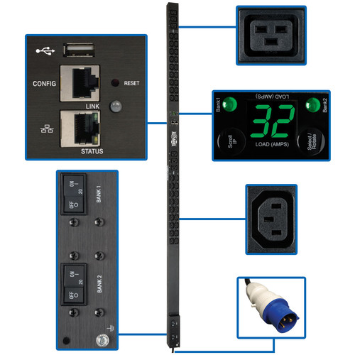Tripp Lite PDUMNV32HV2LX 7.4kW Single-Phase Monitored PDU, LX Interface, 230V Outlets (36 C13/6 C19), IEC 309 32A Blue, 10 ft. Cord, 0U 1.8m/70 in. Height, TAA | CMW Ltd