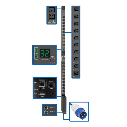 Tripp Lite PDUMV32HVNETLX 7.4kW Single-Phase Switched PDU with LX Platform Interface, 230V Output, IEC 309 32A Blue, 10 ft. Cord, 0U, TAA | CMW Ltd