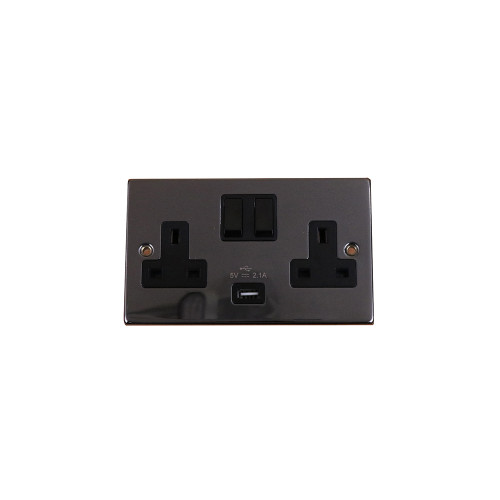 Double Gang Twin 13amp Switched Socket with 1 x USB Charger 2.1amp Black Nickel