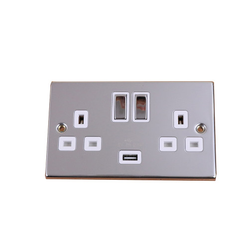 Double Gang Twin 13amp Switched Socket with 1 x USB Charger 2.1amp Polished Chrome Victorian