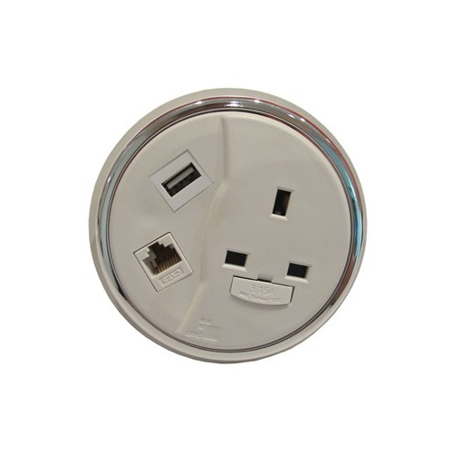 CMW Ltd | CMD Porthole In Desk Module 1 x 13A UK Power - 1 x USB Socket - 1 x Cat6 Data Module 80mm White