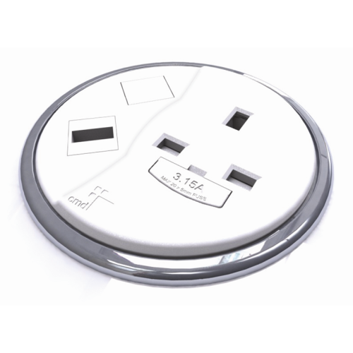 CMW Ltd | CMD Porthole In Desk Module 1 x 13A UK Power - 1 x USB Socket 80mm White