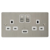 Double Gang Twin 13amp Switched Socket with 1 x USB Charger 2.1amp Stainless Steel