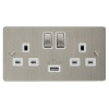 Double Gang Twin 13amp Switched Socket with 1 x USB Charger 2.1amp Stainless Steel