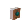 Surface mount green dome single gang exit button. Stainless steel faceplate and surface mount shroud, engraved PRESS TO EXIT